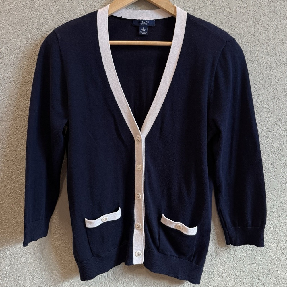 Navy Blue Cardigan White Trim Women's Large Shoulder Pads Nautical Classic
